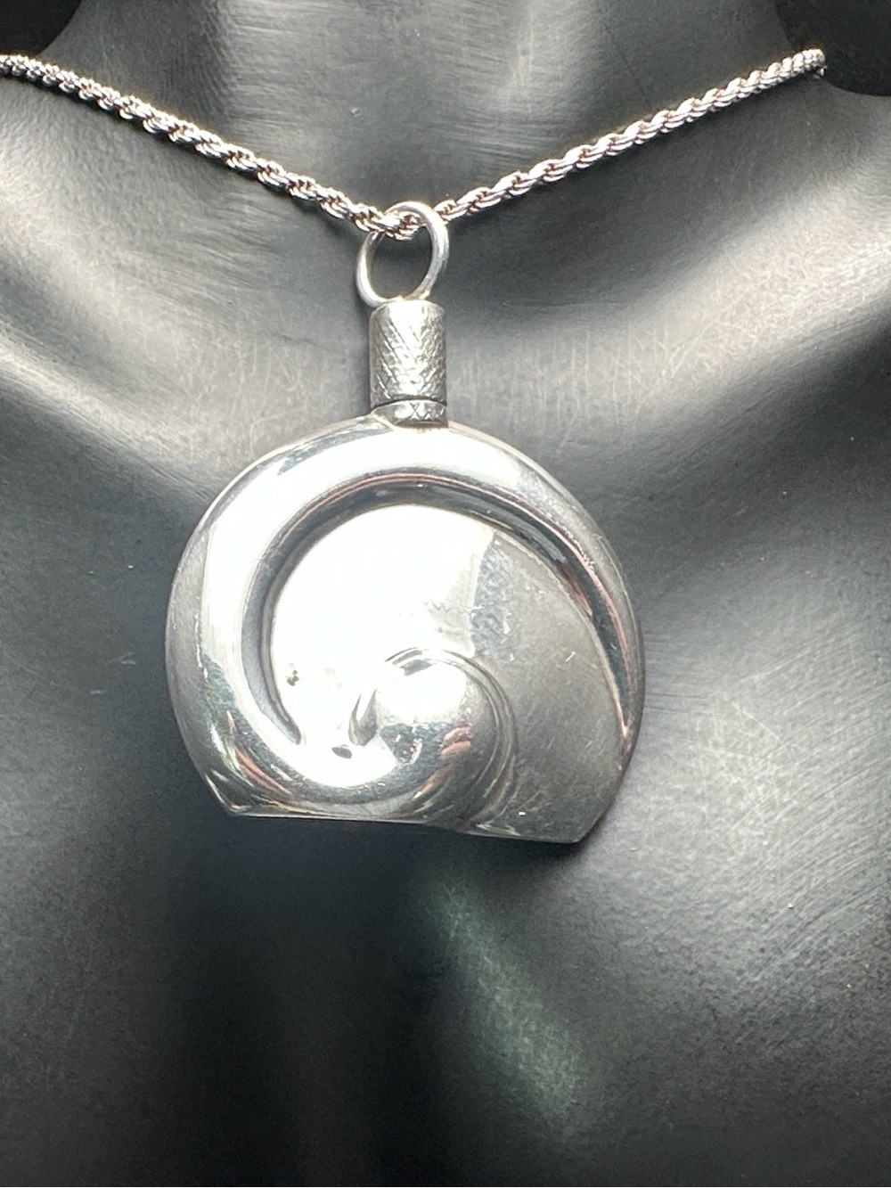 Vintage Mexico Sterling Silver Wave Perfume Bottle Pendant Necklace, Polished
